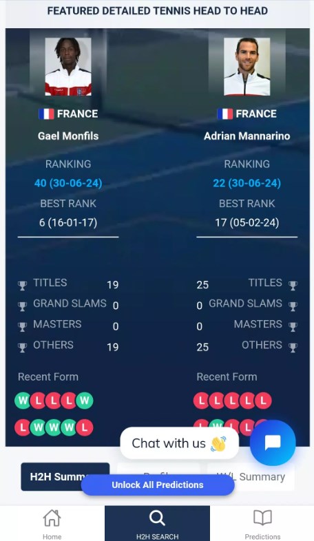 Tennis H2H Predictions Apk Latest Version 1.3 list_